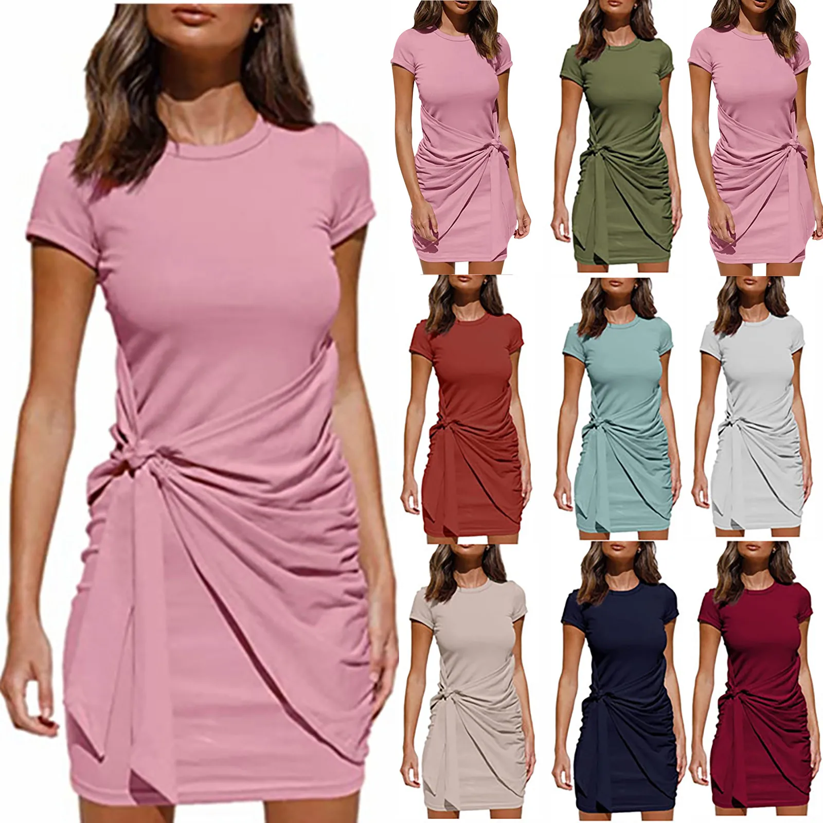 Women's Summer Short Dress Casual Round Neck Sleeveless Knee-length Solid Color Pleated Waist Tie Tight Vest Mini Dress Vestido 1