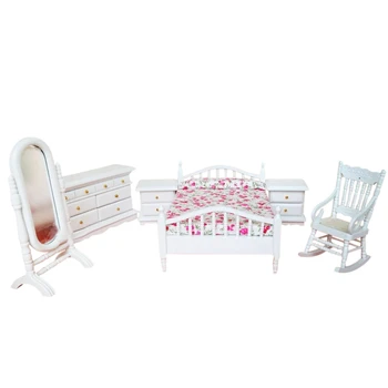 

Dollhouse Bedroom Furniture Set 6 PCS Bed Rocking Chair Dressing Mirror Cabinet