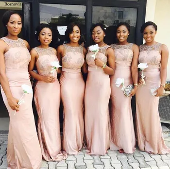 

Arabic Blush Pink Mermaid Bridesmaid Dresses 2020 Jewel Sleeveless Sweep Train Lace Appliques Prom Maid Of Honor Gowns Plus Size