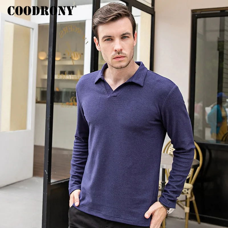 Тёмно-синий Бренд COODRONY, футболка с длинным рукавом для мужчин, хлопковая футболка, Homme, джемпер, модная повседневная футболка с отложным воротником, топы C5004 - Цвет: Тёмно-синий