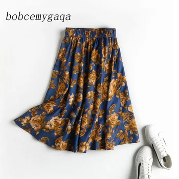

vintage floral print denim skirt women high waist summer casual blue pleated skirts ladies elastic waist jeans long skirts