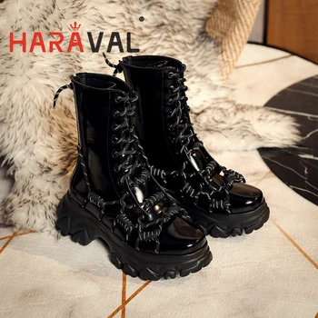 

HARAVAL Women's Patent Leather Martin Boots Thick-Soled Round Toe Straps Thick-Heel Motorcycle Boots Autumn And Winter E70L