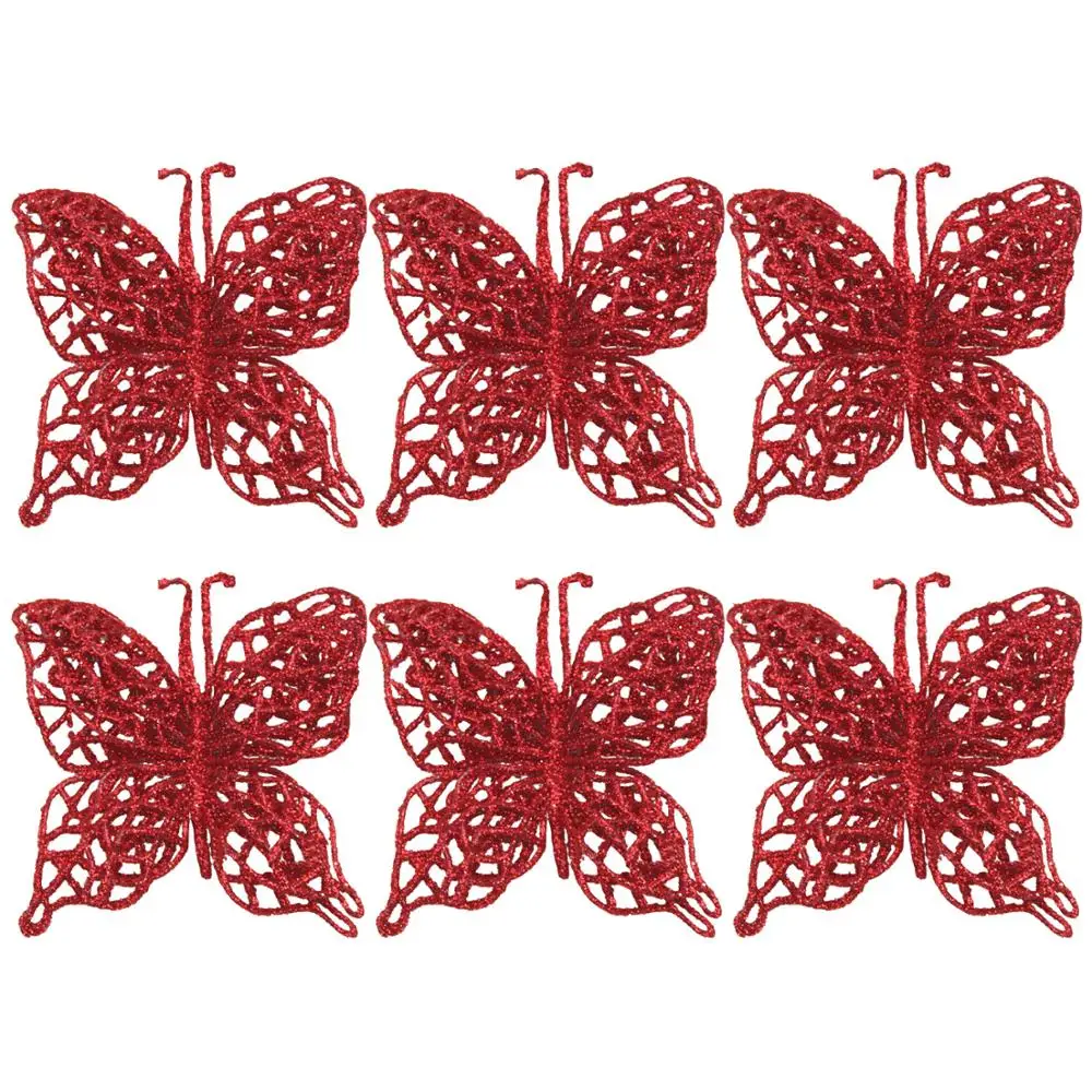 Butterflies Red Behogar 6 шт. блестящая Рождественская Бабочка Цветы украшения для рождественской елки подвесные украшения для дома DIY ремесла Navidad вечерние принадлежности - Цвет: Butterflies Red