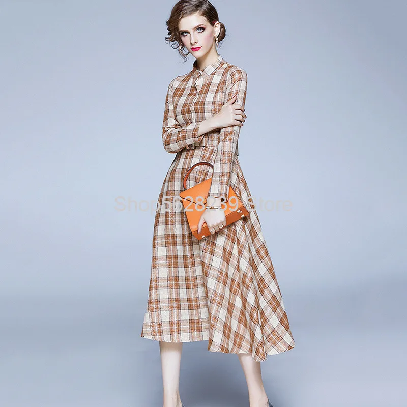 

Socialite 2020 Season Medium Length Waist Slimming A Word Skirt Grid Shirt Long Sleeve Dress