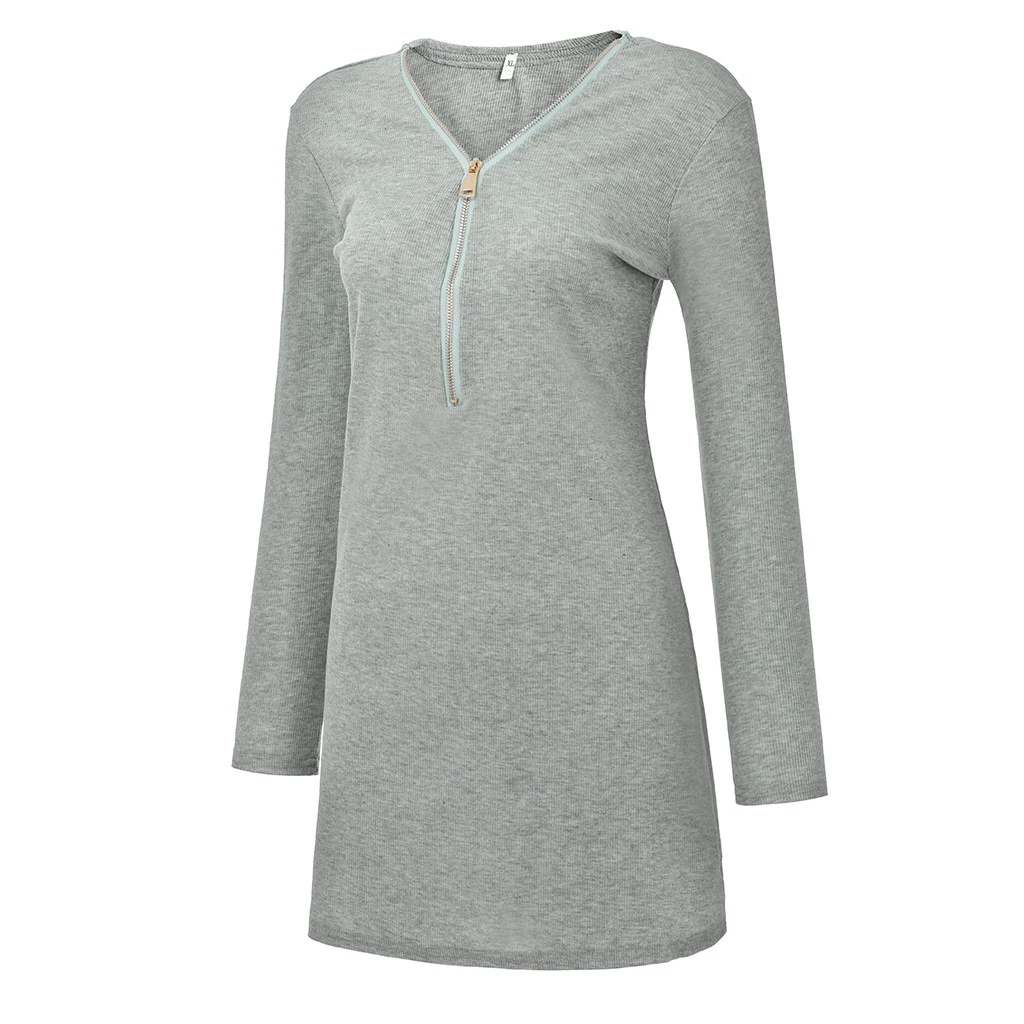 Above Knee Dress Fashion Women AutumnSexy Solid V-Neck Dresses Long Zipper Long Sleeve Tight Winter Mini Dress Girl Ladies 729