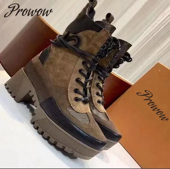 

Prowow New Genuine Leather Printed Floral Lace Up Ankle Boots Round Toe Platform HIgh Heel Thick Heel Boots Shoes Women