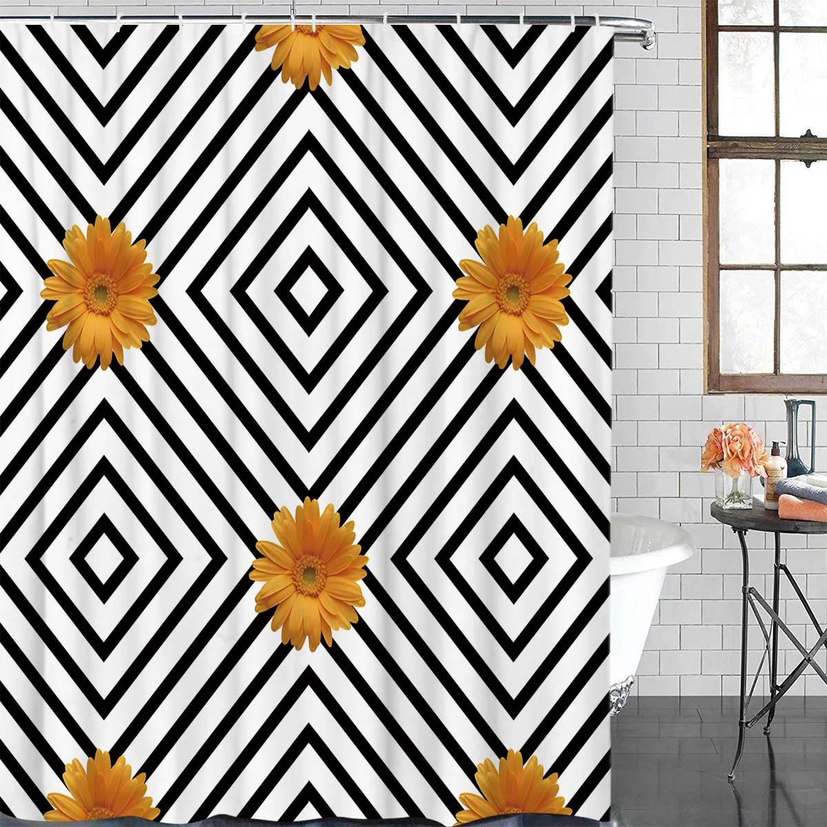 Geometric Design Background Yellow Chrysanthemum Bathroom Shower Curtain Set with Hooks
