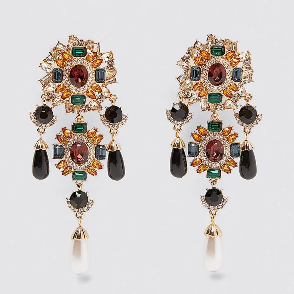 

Girlgo Za Ethnic Colorful Bejeweled Drop Earrings For Women Charm Flower Pearl Brincos Maxi Crystal Statement Earrings Jewelry