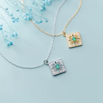 

MloveAcc 925 Sterling Silver Hollow Flower Pattern Square Brand Green CZ Pendant Necklaces for Women Party Jewelry