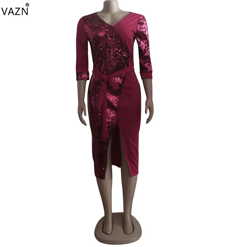 VAZN Young Lady Of Note, тяжелая промышленность, сексуальное Клубное лоскутное, с блестками, с v-образным вырезом, с коротким рукавом, тонкое элегантное платье миди для женщин, YW17