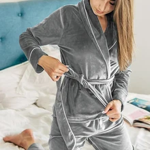 HiLoc Samt Warme Pyjamas Für Frauen Roben Und Hosen Solide Tasche Langarm Dick Hause Tragen Herbst Nacht Anzug Winter casual