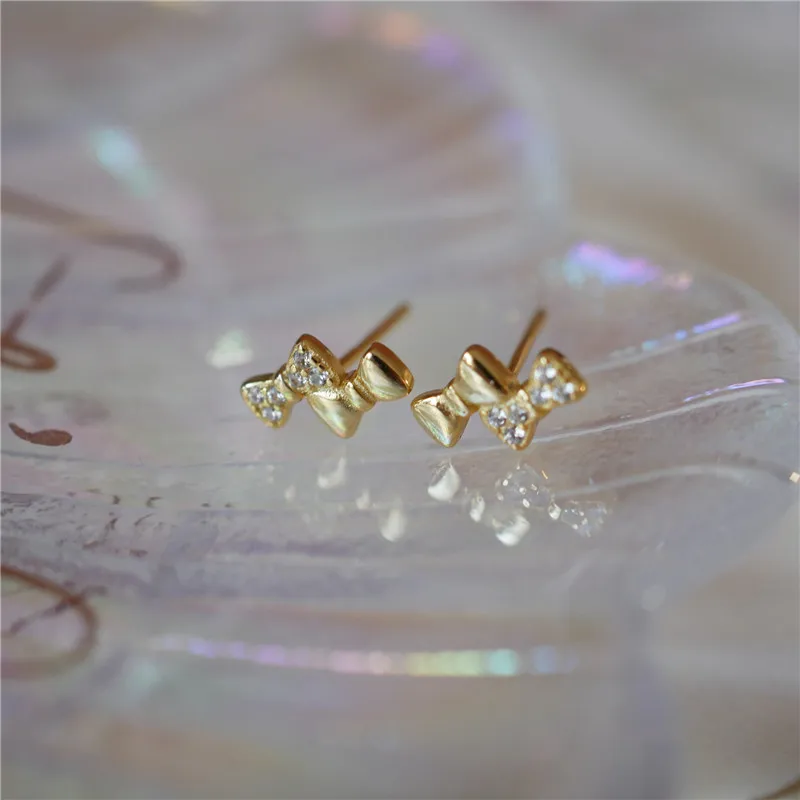 925 Sterling Silver Simple Bow Stud Earrings Women Pavé Crystal Sweet Romantic Goddess 14K Gold Plating Jewelry Accessories Gift
