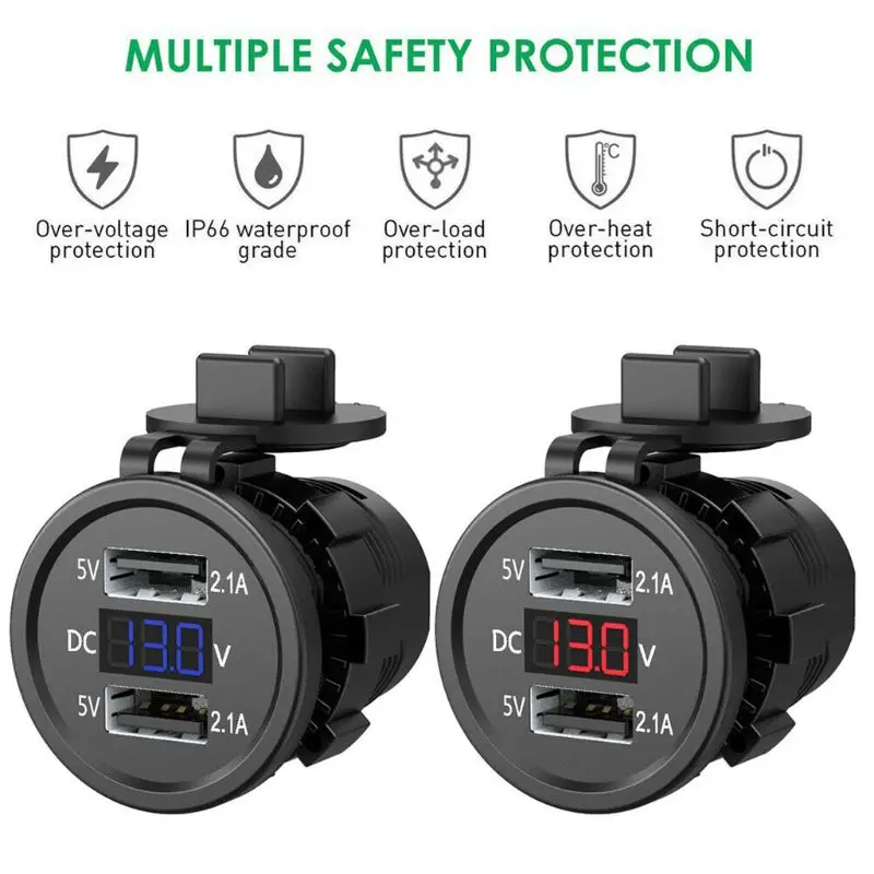 

5V 2.1A Waterproof Dual Ports USB Charger Socket Adapter Power Outlet with Voltage Display Voltmeter for 12-24V Car Boat Motorcy