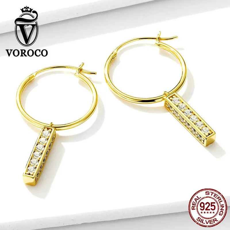 VOROCO 925 Висячие серьги из серебра 925 пробы Сверкающие Золотые Квадратные циркониевые свисающие серьги Brincos для женщин OL Fine Jewelry BNE296