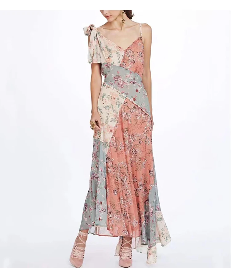 Summer Holiday Bohemian Beach Dress Women Elegant One Shoulder Floral Printed Chiffon Long Irregular Dress
