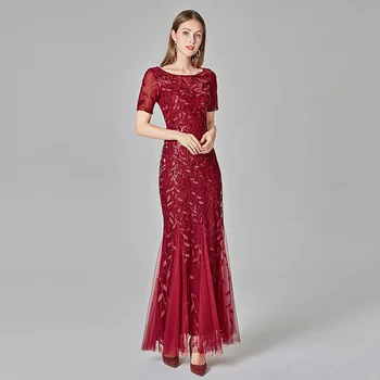 

2020 Long Party Dresses Robe De Soiree Sexy Luxury Wine Red Sequin Formal Party Dress Pom Gown WY1134