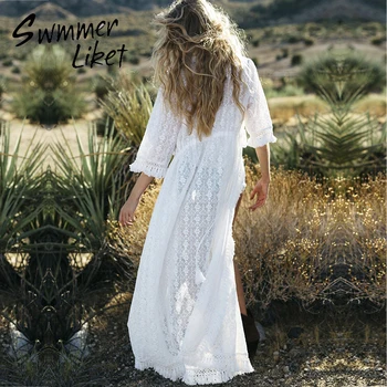 

Vintage tassel swimsuit cover ups female 2020 See through swimwear women Long beach wear Summer bathers bikini Kimono cover ups