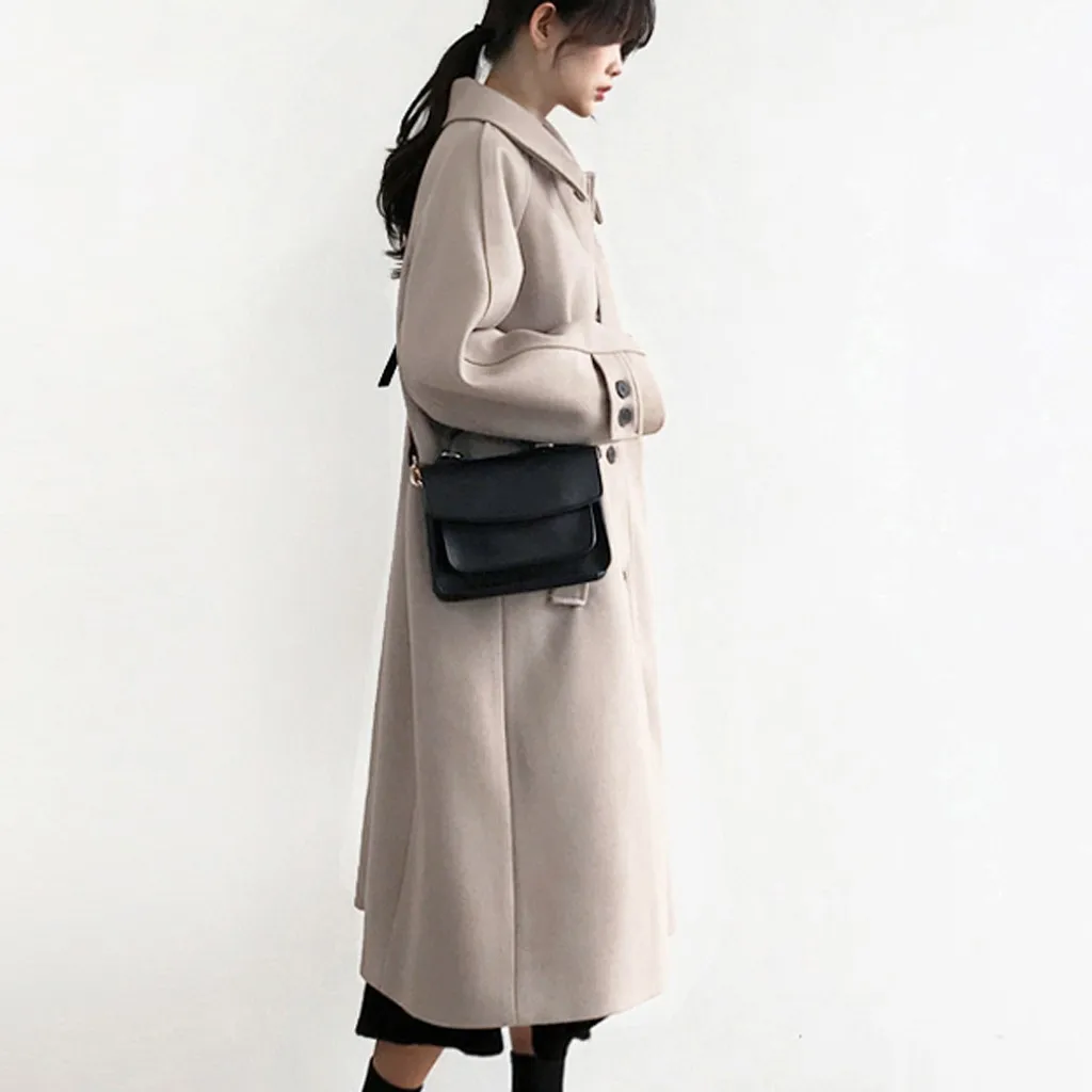 Women Winter Clothes Coat Work Solid Vintage Winter Office Long Sleeve Button Woolen Black Elegant Female Casual Coat Jacket
