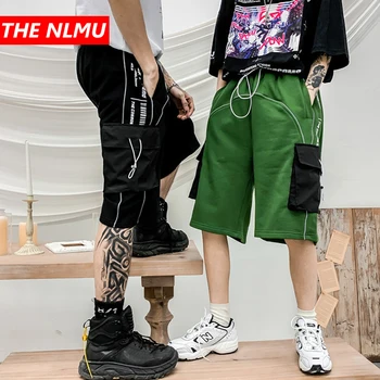 

2020 New Men Shorts Sweatpants Multi-pocket Elastic Waist Reflective Joggers Short Pants Summer Cool Casual Short Green WG886