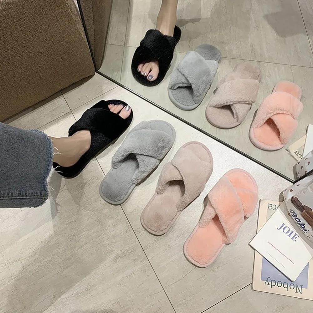 Women Winter Fluffy Slippers Flat Shoes Warm Multicolored Faux Fur Indoor Slippers Cross Plush Open Toe Female Slippers WJ082 indoor shoes for hardwood floors