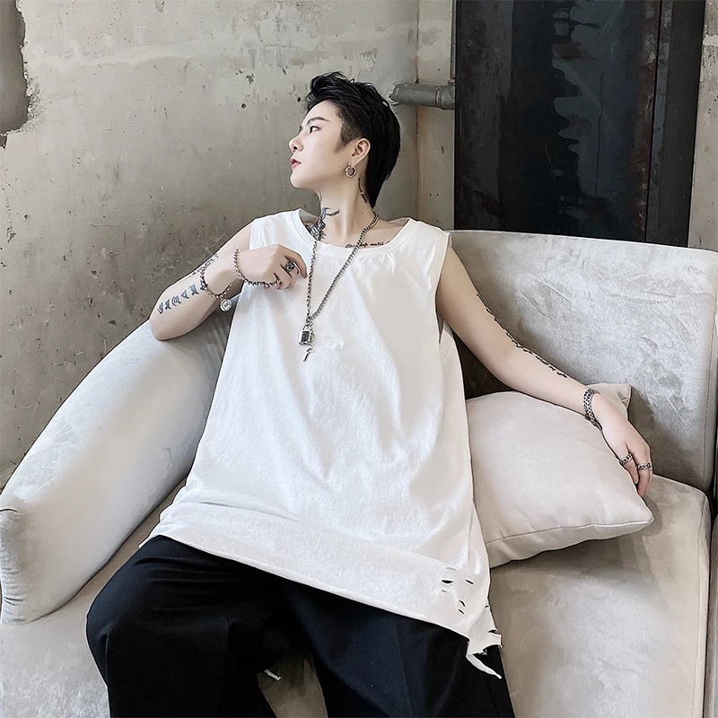 

Summer men broken hole hip-hop sleeveless vest personality simple pure color high street loose large size T-shirt