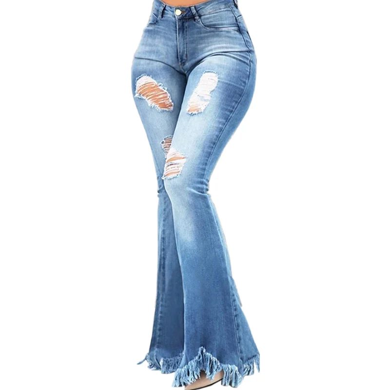 

Fashion Ladies Ripped Wide Leg Denim Pants Flare Jeans Bell Bottoms