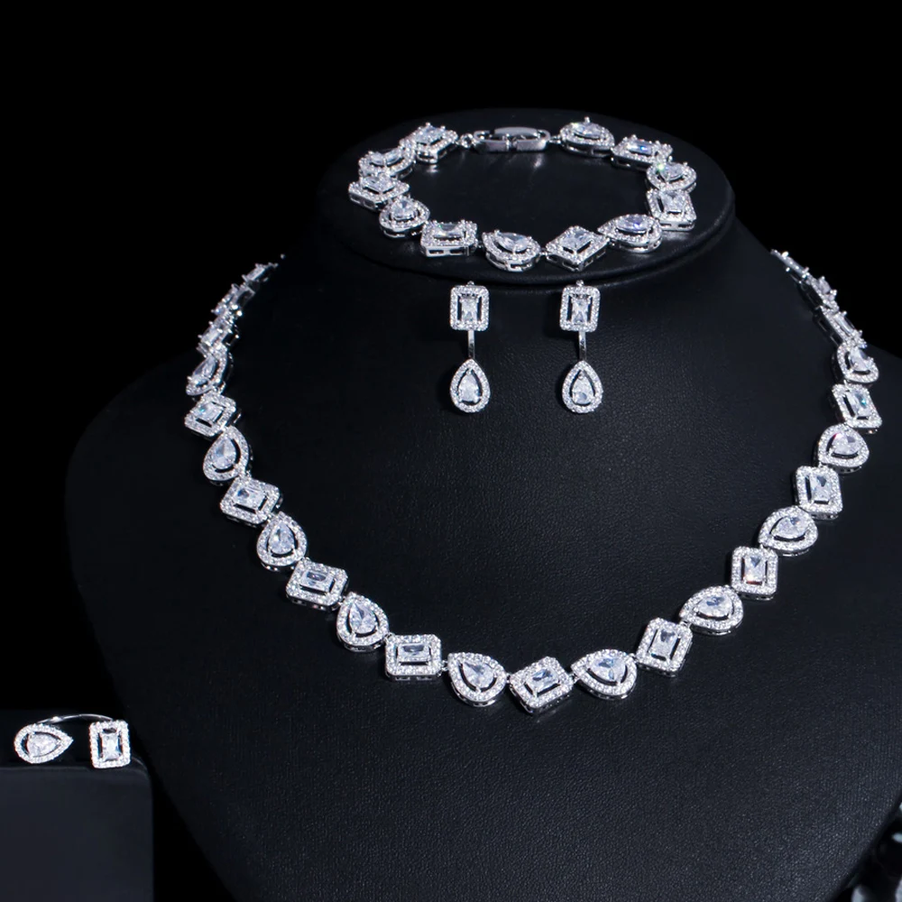 

CWWZircons New Sparkling Square Shape Cubic Zircon 4pcs Wedding Bridal Necklace Jewelry Sets Luxury Dubai White Gold Color T607