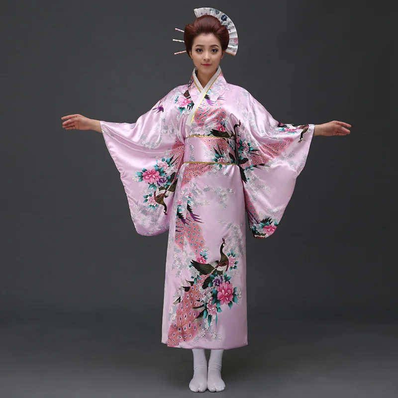 Kimono Dress Japanese Kimono Traditional Print Yukata Women Japan National Style Coat Kimono Cosplay Costume Sexy Asian Clothing - Цвет: Розовый