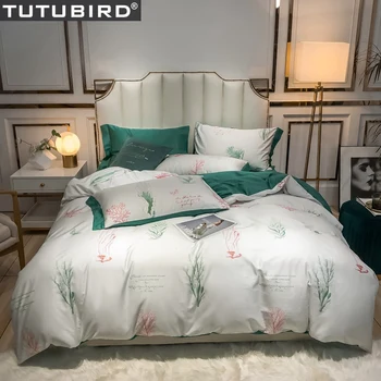 

Newest Luxury Egyptian cotton bedding set bedlinen coral seaplant print pastoral duvet cover bedspread queen king size bed set