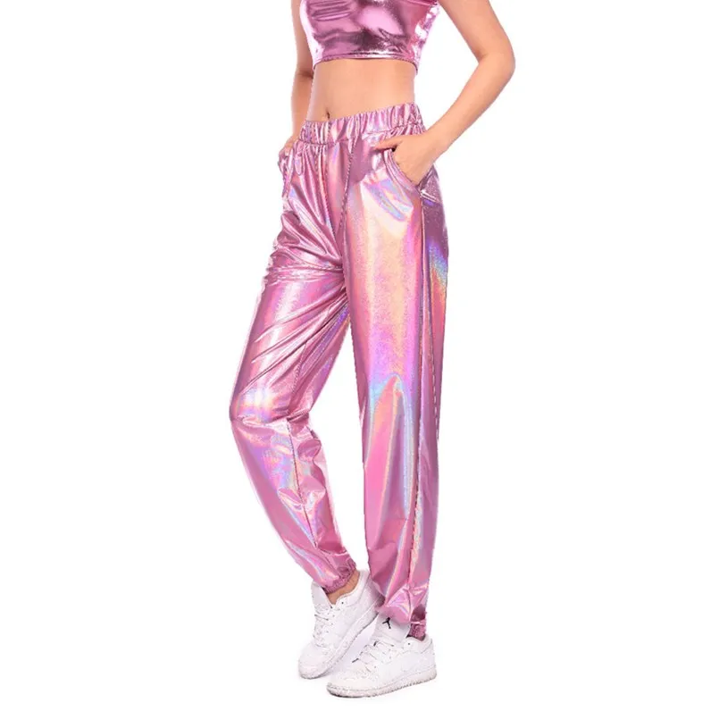 S1055 Pink VISNXGI, Женские однотонные флуоресцентные блестящие штаны, леггинсы, большой размер, спандекс, высокая эластичность, повседневные штаны, блестящие серебристые, золотые леггинсы - Цвет: S1055 Pink
