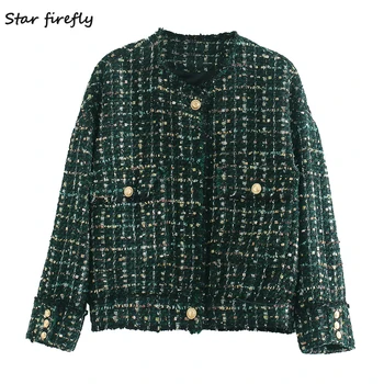 

Star firefly fashion Za coat women 2020 spring casual slim-breasted tweed pocket plaid coat female