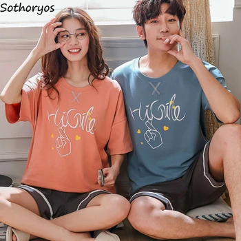 

Pajama Sets Summer Short Sleeve Shorts Couples O-neck Leisure Homewear Large Size 3XL Loose Cotton Pyjamas Sleepwear BF Ulzzang