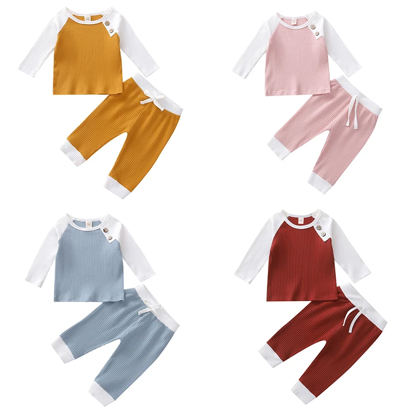 

Newborn Baby 2Pcs Outfit Set Fall Spring Ribbed Knitted Clothing Long Sleeve Color Block Top and Pants Set for Infant Boys Girls