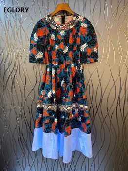 

Latest Designer Dress 2020 Summer Women Color Block Leaves Print Short Sleeve Mid-Calf Length Novelty Dress Casual Club Wear