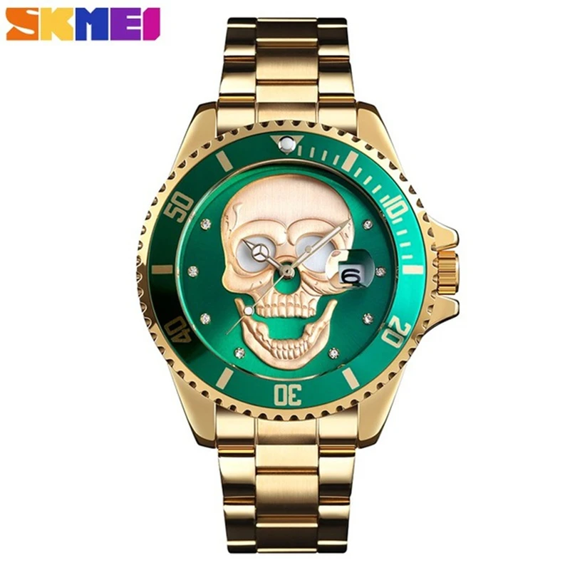SKMEI, кварцевые часы, мужские, модные, Череп, циферблат, мужские часы, 30 м, водонепроницаемые, дата, наручные часы, мужские, ремешок из нержавеющей стали, reloj hombre 9195