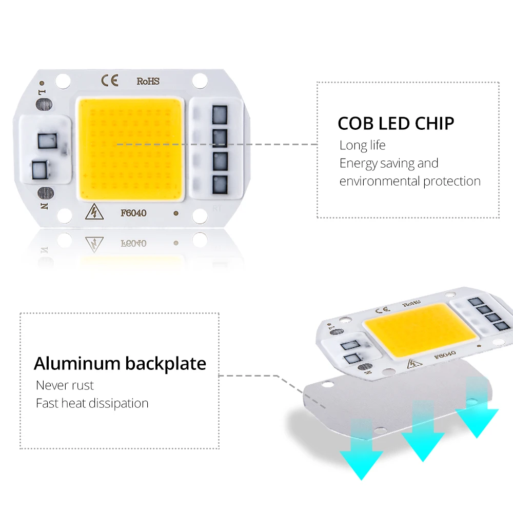 COB LED Chip Lâmpada Beads Bulb, Diodo de Alta Potência, Matriz de Matriz, Luz de Inundação DIY, Smart IC Integrado, 220V, 10W, 20W, 30W, 50W