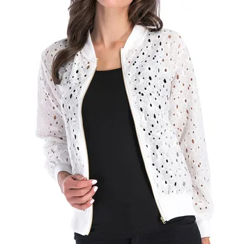 

2020 Spring and Autumn New Style Lace Crocheted Flowers Pierced Blouse Zipper Cardigan Long-sleeved Coat Women's Tops White