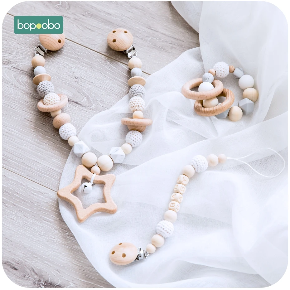 Bopobo Детские Силиконовые Прорезыватели, деревянные кольца, браслет, соски, держатели на цепочке, Прорезыватель для зубов, игрушка, коляска, цепь, деревянная детская игрушка-прорезыватель