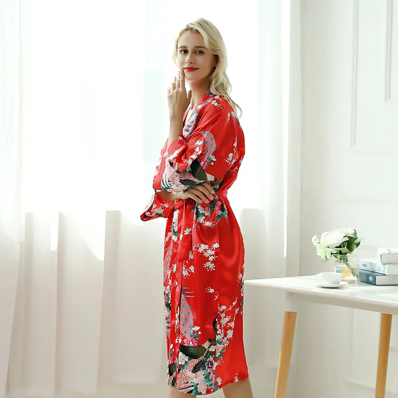 Print sleepwear robe women long sexy silk bathrobe female bride gown spring summer peacock home wear kimono night dress DR18336 (6)