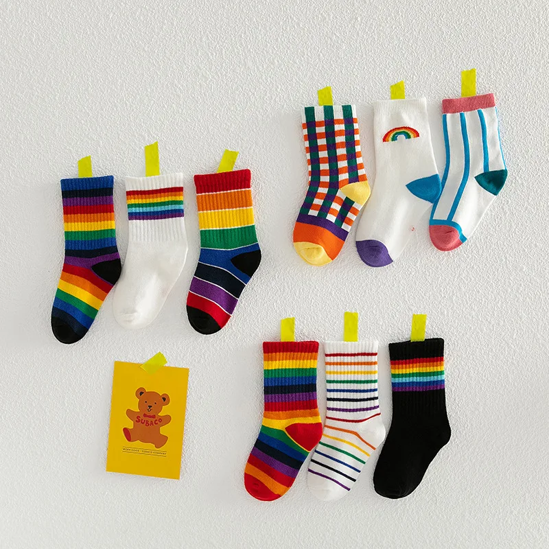 3 Pairs/Pack Autumn Winter New Children's Socks Boys And Girls Rainbow Striped In Tube Tide Socks Baby Kids Cotton Sport Socks 4