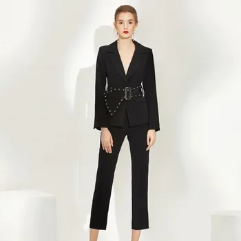 

Women Pants Suits Set For Work OL Ladies Office Work Blazer Jacket With Belt Pencil Pants Trousers Black Elegant 2 Piece Clothes