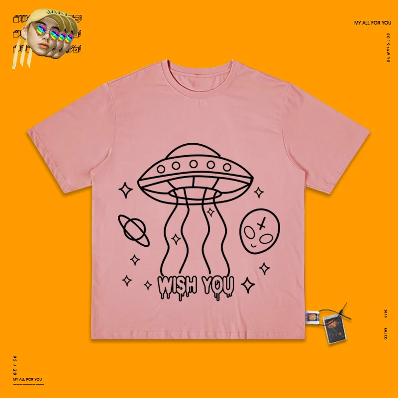 Alien Пятая область НЛО чай карамельный цвет ручной каракули уличное для скейта футболка для мужчин и женщин Fund - Цвет: pink colour
