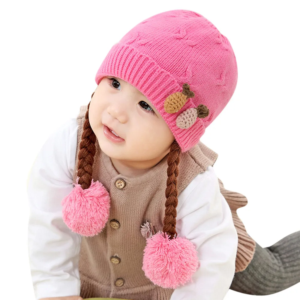 Hot Pink Hat Детская шапка, новинка,, милая детская зимняя вязаная шапочка для новорожденного, для маленьких девочек, с косичкой, вязанная крючком, реквизит для фотосессии, 42-46 см, 3-12 месяцев - Цвет: Hot Pink Hat