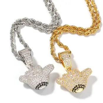 

Hip Hop Micro Paved AAA Cubic Zirconia Bling Iced Out 666 Gesture Pendants Necklace for Men Rapper Jewelry Gold Color