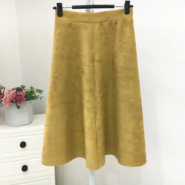 Neophil Женская замшевая юбка миди с высокой талией зимняя винтажная стильная эластичная Женская юбка трапециевидной формы Черный Зеленый расклешенная модная юбка S29A4 - Цвет: Цвет: желтый