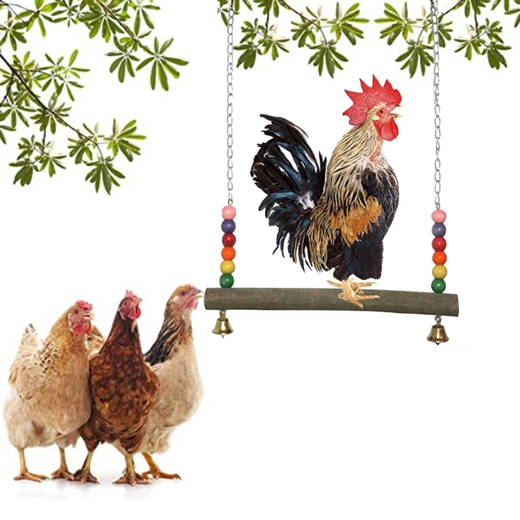 Chicken Swing Wooden Chicken Toys Bird Chicken Stand Perch Chewing Toy with Bells for Bird Parrot Pet Trainning Bird Cage Toys