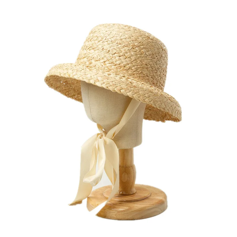 Children Hand-knitted Raffia Retro Flat Top Sun Hats Girls And Boys Summer Travel Sunscreen Vacation Straw Hat With Lacing S1161 2