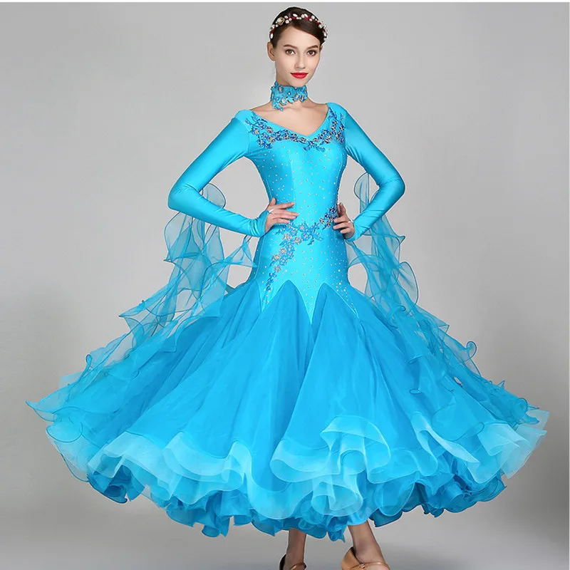 Women's Ballroom Dance Dress - Short Sleeve Waltz Gown With Sequin Skirt & Mesh Inserts