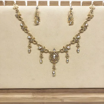 

Algerian Bridal Necklace Earrings Jewelry Set French Golden Full Rhinestones Necklace Earrings Bracelet Water Drop Shape Crystal