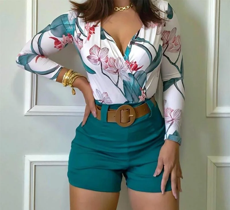 

Spring Women Flower Printing Long Sleeve Pant Sets 2 Piece Set